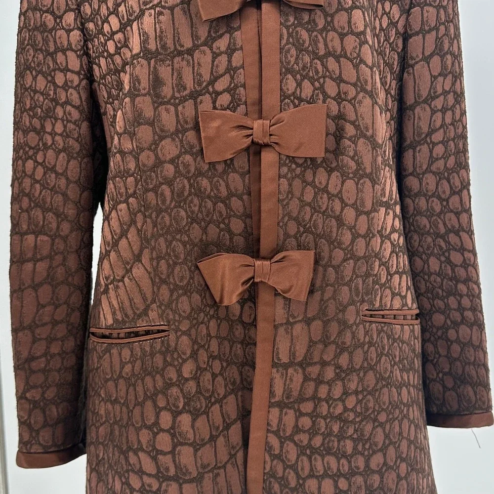 Vintage Louis Feraud Womens 14 Brown Crocodile Print Wool Silk Blazer Jacket